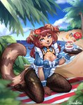 absurd_res ailurid anthro beach breasts cafe cleavage clothed clothing conditional_dnp female hi_res linndrim maid_uniform mammal palm_tree plant red_panda sea seaside solo tree uniform water