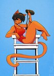 2022 anthro barefoot big_breasts binoculars black_hair blue_background breasts claws clothing conditional_dnp domestic_cat feet felid feline felis female fur hair jollyjack lifeguard lifeguard_chair mammal one-piece_swimsuit orange_body orange_eyes orange_fur plantigrade simple_background sky solo swimwear tail toes