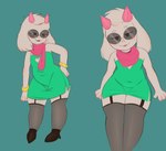 absolute_territory absurd_res anthro bare_shoulders bottomwear bovid bracelet cappuchino caprine clothed clothing crossdressing deltarune dress eyewear femboy fluffy_ears footwear garter_straps glasses goat green_clothing green_dress hi_res high_heels horn jewelry legwear male mammal paws ralsei scarf shoes sleeveless_dress smug solo sunglasses thigh_highs tight_bottomwear tight_clothing undertale_(series)