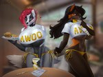 absurd_res anthro awoos_diner badger beverage big_breasts bikini bikini_bottom breasts brown_body brown_fur brown_hair canid canine clothing collar cross_fox dialogue diner duo female finger_to_mouth food fox fur furniture gloves_(marking) gold_bikini grey_body grey_fur hair heart_symbol hi_res holding_beverage holding_menu holding_object holding_plate huge_breasts imminent_wardrobe_malfunction looking_at_viewer mammal maple_cross_(devildjmachine) markings mustelid musteline one_eye_closed orange_body orange_fur pamela_(devildjmachine) pewas phone_number pink_eyes pink_hair red_eyes red_fox restaurant seductive shirt smile spiked_collar spikes swimwear t-shirt table text text_on_clothing text_on_topwear thick_thighs topwear true_fox two-piece_swimsuit under_boob waiter waitress_uniform whispering wide_hips wink winking_at_viewer