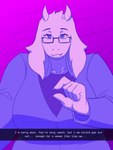 3:4 anthro boss_monster_(undertale) clothed clothing condescending dracozhilla english_text eyewear female glasses hi_res humiliation looking_at_viewer penis_humiliation pinched_fingers selfie small_penis_humiliation solo text toriel undertale_(series)