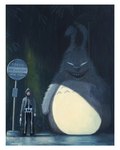 4:5 axe border bus_stop_sign clothing costume donnie_darko donnie_darko_(character) duo fangs frank_the_rabbit_(donnie_darko) ghibli halloween halloween_costume holidays human lagomorph leporid male mammal my_neighbor_totoro outside rabbit raining ruel_pascal teeth totoro totoro_bus_stop white_border