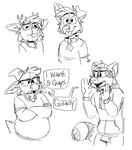 anthro backwards_baseball_cap backwards_cap backwards_hat baseball_cap blep bovid canid canine canis caprine clothing crossed_arms darwin_(tinydeerguy) deer dialog_balloon dialogue domestic_dog english_text eyewear facial_hair five_guys gary_(tinydeerguy) glasses goat goatee group hat headgear headwear hi_res horn male mammal matt_riskely model_sheet monochrome open_mouth overweight overweight_male sam_(tinydeerguy) simple_background smile teeth_showing text tinydeerguy tongue tongue_out tongue_showing white_background wordplay