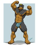 5_fingers 5_toes abs anthro armpit_hair armpit_tuft black_body black_fur black_nose blonde_hair body_hair border brown_body brown_eyes brown_fur brown_nipples brown_pawpads bulge canid canine canis cel_shading chestnuts_(artist) claws clothed clothing detailed_bulge domestic_dog feet fingers fist flexing flexing_bicep flexing_both_biceps floppy_ears full_foot_pawpads fur genital_outline grey_background grey_claws hair humanoid_feet leg_markings looking_at_viewer male mammal markings mastiff molosser multicolored_body multicolored_fur muscular muscular_anthro muscular_male navel nipples open_mouth pawpads pecs penis_outline plantigrade pose pubes rottweiler shaded simple_background smile socks_(marking) solo standing thick_thighs thong thong_only toe_claws toes topless two_tone_body two_tone_fur underwear underwear_only whisker_spots white_border