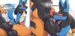 animal_genitalia anthro arcanine ball_fondling ball_grab balls big_balls blue_body blue_fur blush bodily_fluids canid canine caught_staring dialogue drooling duo english_text erection eyes_on_the_prize fondling fur generation_1_pokemon generation_4_pokemon genital_fluids genitals heart_eyes heart_symbol hi_res licking looking_at_genitalia looking_at_penis lucario male male/male mammal muscular muscular_male musk nintendo oral orange_body orange_fur penis penis_tip pet_praise pokemon pokemon_(species) praise precum precum_on_face ravieel red_eyes saliva saliva_on_balls saliva_on_sheath saliva_on_tongue sex shaded sheath sheath_lick simple_background spikes spikes_(anatomy) sweat tail tail_motion tailwag text tongue tongue_out