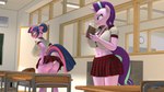 16:9 3d_(artwork) anthro anthrofied anthroponiessfm big_butt blush book bottomwear butt classroom classroom_desk clothing desk digital_media_(artwork) duo equid equine eyewear female friendship_is_magic furniture glasses hair hair_bun hasbro hi_res horn mammal miniskirt my_little_pony mythological_creature mythological_equine mythology panties school school_uniform shirt skirt starlight_glimmer_(mlp) table topwear twilight_sparkle_(mlp) underwear unicorn uniform widescreen