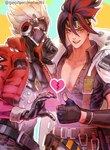 anton_ivanov belt billy_kid black_hair blush clothing duo fingerless_gloves georgenarahashi gesture gloves hair hand_heart handwear heart_symbol hi_res human humanoid humor machine male male/male mammal mihoyo robot white_hair zenless_zone_zero