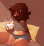 anthro bear bed beverage bottomwear breasts brown_body brown_fur brown_hair clothed clothing container cup digital_media_(artwork) facial_piercing female food fur furniture geekidog hair hi_res inside kit-kat_(geekidog) lip_piercing mammal navel nose_piercing piercing shirt shorts solo steam topwear