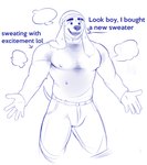 absurd_res anthro asking asking_viewer beanie big_pecs bodily_fluids bulge canid canine canis clothed clothing command command_to_look dialogue digital_media_(artwork) directional_arrow doggonut domestic_dog dough_(doggonut) english_text floppy_ears fur hat headgear headwear hi_res information_label male mammal muscular muscular_anthro muscular_male nipple_outline nipples partial_speech_bubble pecs scar simple_background smile solo sweat sweater talking_to_viewer text topwear