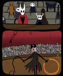 5:6 ambiguous_gender anthro arthropod black_body circus clothed clothing comic digital_media_(artwork) duo female grimm_(hollow_knight) group hi_res hollow_knight hornet_(hollow_knight) insect male red_eyes size_difference soiledvessels team_cherry the_knight_(hollow_knight) topwear vessel_(species)