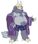 2024 2_horns anthro biped clothed clothing curved_horn disney ear_piercing fur grey_body grey_fur hi_res horn jacket looking_at_viewer male mask octo_ber13 open_clothing open_jacket open_topwear overweight overweight_anthro overweight_male pajamas papa_titan_(the_owl_house) piercing skull_mask solo standing the_owl_house titan_(the_owl_house) topwear