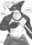 abs absurd_res anthro biped bunbougu_ksgm cetacean digital_drawing_(artwork) digital_media_(artwork) dolphin hi_res male mammal marine monochrome muscular muscular_anthro muscular_male nipples oceanic_dolphin orca simple_background toothed_whale white_background