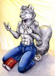 2001 abs anthro bible bible_(object) black_nose blue_bottomwear blue_clothing blue_eyes blue_jeans blue_pants book bottomwear canid canine canis christian_cross christian_symbol christianity clothing cross cross_necklace denim denim_bottomwear denim_clothing eyebrows full-length_portrait fur grey_body grey_fur head_tuft hindpaw humanoid_hands jeans jewelry kneeling light light_beam looking_up male male_anthro mammal muscular muscular_anthro muscular_male necklace open_mouth open_smile pants pawpads paws pecs portrait religion shaded shirtless signature smile solo sunbeam sunlight tail teeth traditional_media_(artwork) tuft wolf xianjaguar