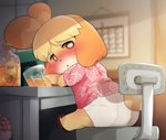 adult_(lore) alcohol aloha_shirt animal_crossing anthro beverage blush bodily_fluids bottomwear canid canine canis chair clothed clothing dagasi detailed_background domestic_dog drooling drunk female footwear fully_clothed furgonomics furniture heavy_blush isabelle_(animal_crossing) looking_at_viewer looking_back mammal monotone_bottomwear monotone_clothing monotone_skirt nintendo office_chair open_mouth pattern_clothing pattern_shirt pattern_topwear pink_clothing pink_shirt pink_topwear saliva shirt shoes sitting skirt solo substance_intoxication tail tail_through_skirt topwear whiskey white_bottomwear white_clothing white_skirt young