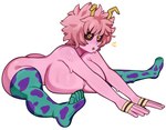 absurd_res ashido_mina big_breasts black_sclera bodily_fluids breast_rest breast_squish breasts butt clothing female hi_res horn horned_humanoid huge_breasts humanoid legwear looking_at_viewer melonpuff my_hero_academia not_furry pink_body quirked_human_(my_hero_academia) sitting solo spread_legs spreading squish stretching sweat thick_thighs thigh_highs yellow_eyes