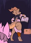 ambiguous_gender anthro barefoot bat bat_ears bat_nose book box breasts brown_body butt carrying_another cave container cute_fangs feet female feral freckles fur holding_book holding_container holding_object horn kobold mammal neck_tuft non-mammal_breasts pink_body pink_fur purple_inner_ear reptile scalie smile solo squish srriz srriz_adventure srrizadventurer story toes treasure_chest tuft wraps yellow_eyes