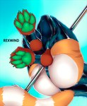 ailurid anthro butt clothing fluffy_paws fur green_pawpads latex latex_clothing legwear male mammal orange_body orange_fur pawpads pole red_panda rexwind solo stripes tail thigh_highs torkle