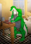 5_fingers 5_toes absurd_res alligator alligatorid anthro apron apron_only beef box claws clothing container cregon crocodile crocodilian crocodylid cutting_board dishes feet fingers floor food fruit furniture green_body hi_res kitchen knife male meat multicolored_body nude plant redgreendied reptile scalie shaded solo steak table tile tile_floor toes tomato two_tone_body white_body white_claws yellow_eyes