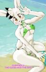 anthro ball beach bikini breasts clothed clothing comic daigaijin english_text female furryfight_chronicles hi_res lagomorph leporid looking_at_viewer mammal muko nipple_outline rabbit seaside smile solo swimwear text two-piece_swimsuit under_boob