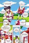 absurd_res anthro blush braixen bray_(lucyfercomic) breasts canid clothing comic duo english_text female generation_6_pokemon hair hair_over_eyes hat headgear headwear hi_res human lucyfercomic male mammal may_(pokemon) nintendo pokemon pokemon_(species) pokemon_trainer speech_bubble stick text