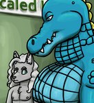 2023 alligatorid anthro azrael_(tertia) azurlligator black_nose blue_body blue_eyes blue_scales blush bulging_neck canid canine canis chest_tuft clothed clothing crocodilian digital_drawing_(artwork) digital_media_(artwork) duo eyebrows fangs featureless_chest fur girl_staring_at_man's_chest green_wall grey_body grey_fur grey_hair hair hair_over_shoulder half-closed_eyes hi_res inner_ear_fluff interspecies large_pecs larger_male looking_at_another looking_at_partner looking_down male male/male mammal multicolored_body multicolored_scales muscular muscular_anthro muscular_male narrowed_eyes nathile_tiduna nipples pecs pink_nipples pupils reptile scales scalie scutes sign size_difference skywater slit_pupils smaller_male snout teeth topless topless_anthro topless_male tuft wall_(structure) wavy_hair wolf yellow_scutes