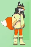 anthro asian_clothing big_ears black_hair boots braided_hair breasts canid canine canis cheek_tuft clothed clothing digital_drawing_(artwork) digital_media_(artwork) east_asian_clothing eyebrows facial_tuft female footwear fox fur hair hi_res inner_ear_fluff mammal multicolored_body multicolored_fur multicolored_hair navel northwind_(efradraws) partially_clothed poncho shoes shongila_(northwind) simple_background simple_eyes sitting small_breasts smug smug_eyes smug_face smug_grin solo traditional_media_(artwork) tuft umbralxquizo