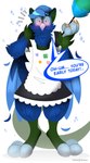 absurd_res accessory anthro avian bird blush clothed clothing comic crossdressing dialogue femboy geo_(smallangryowl) gryphon hi_res maid_uniform maiden male mythological_avian mythological_creature mythology pin_accessory pin_button solo toony uniform walk-w-igny wings