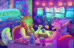 1990s alcohol anthro arcade arcade_machine ayrenthewolf beverage canid canine canis chopsticks container cup cyberpunk date_night duo emberfox feeding_each_other female female/female fennec_fox food fox furniture future futuristic green_body hair holographic japanese long_hair mammal neon neon_lights nightlinez open_mouth pink_body purple_body restaurant sake sake_bottle sushi table tongue trans_(lore) tron true_fox visor wolf