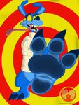 2023 3:4 3_toes abstract_background absurd_res activision anthro artist_logo blue_body blue_fur bottomless bottomless_anthro bottomless_male claws clothed clothing colored crash_bandicoot_(series) digital_drawing_(artwork) digital_media_(artwork) eyebrows feet foot_focus fur hi_res insane kangaroo logo looking_at_viewer macropod male male_anthro mammal marsupial on_one_leg open_mouth patreon patreon_logo pawpads restraints ripper_roo roadkill-sarny solo spiral_background standing straitjacket teeth text toe_claws toes tongue tongue_out url