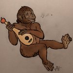 1:1 2021 5_fingers 5_toes anthro ape balls barely_visible_balls barely_visible_genitalia brown_balls brown_body brown_eyes brown_fur chimpanzee feet fingers fur genitals haplorhine lute male mammal musical_instrument musical_note musical_symbol narcixus nude pan_(genus) plucked_string_instrument primate signature singing sitting solo string_instrument symbol toes traditional_media_(artwork)