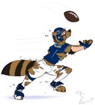 2022 anthro armor ball binturongboss bottomwear broken_helmet brown_body brown_fur cleats clenched_teeth clothing fingerless_gloves football_gear football_helmet football_jersey football_pants football_player football_uniform footwear fur gloves gridiron_ball growth handwear headgear helmet hi_res human_to_anthro jersey male mammal mascot nfl pants pheagle procyonid raccoon running simple_background socks solo species_transformation t-rac tail_growth_in_pants teeth tennessee_titans torn_clothing transformation white_background