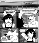 absurd_res anthro apron building clothing comic deer dialogue duo english_text food hi_res horn lagomorph leporid long_ears male mammal monochrome name_tag parttimeyeen_(artist) rabbit shelf shirt store text topwear tristen_(parttimeyeen) window