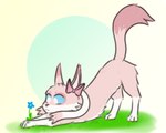 3_fingers 3_toes 5:4 blue_eyes bow_accessory eeveelution feet felid feline feral fingers flower generation_6_pokemon gradient_background grass male mammal nintendo pink_body plant pokemon pokemon_(species) ribbons simple_background solo sylveon toes white_body zalivkustsyganili