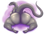 absurd_res anthro asian_water_monitor bedroom_eyes betty_the_monitor big_breasts big_butt black_betty_(meme) blue_eyes breasts butt female genitals grey_body hi_res huge_butt kneeling lizard looking_back meme monitor_lizard narrowed_eyes non-mammal_breasts nude pose pussy reptile scalie seductive side_boob smile solo thick_thighs tibbs yellow_sclera