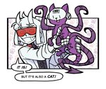 clothed clothing comic demon demon_humanoid domestic_cat english_text eyewear felid feline felis feral glasses helltaker horn humanoid hybrid loremaster_(helltaker) mammal pointed_tail safety_glasses spade_tail surgical_suture tail tentacles text vanripper