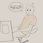 1:1 5_fingers after_orgasm anthro biped black_eyes bodily_fluids bottomless bottomless_anthro bottomless_male canid canine canis casual_masturbation chair clothed clothed_anthro clothed_male clothing computer cum cum_on_own_snout cum_on_shirt dialogue domestic_dog echto electronics english_text erection eyebrows fingers furniture genital_fluids genitals hi_res holding_penis humanoid_genitalia humanoid_penis humor laptop looking_at_viewer male male_anthro mammal masturbation office_chair on_chair orange_clothing orange_shirt orange_topwear penile penile_masturbation penis selective_coloring shirt sitting sitting_on_chair solo speech_bubble text topwear