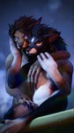 2022 3d_(artwork) 4k 9:16 absurd_res anthro arm_grab aura_thorne_(auramargaret) autodesk_3ds_max_(artwork) black_body black_fur black_hair black_nose blizzard_entertainment blue_eyes brown_body brown_fur canid convenient_censorship destiney_crawford_(thatworgen) digital_media_(artwork) duo female fur hair hand_on_head hand_on_leg hi_res mammal nude orange_eyes tasteful_nudity text thatworgen url warcraft watermark were werecanid white_body white_fur worgen