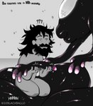 alien beard black_body black_hair breasts comic duo english_text facial_hair featureless_breasts female hair hi_res human larger_female male mammal not_furry nude size_difference smaller_human smaller_male text the_wanderer ze_blackball.d