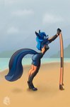 4_toes 5_fingers abs anthro athletic athletic_anthro athletic_female beach black_claws black_nose blue_body blue_eyes blue_fur blue_hair bottomwear breasts canid canine canis claws clothing countershading digitigrade ear_tuft feet female fingers fur hair hi_res holding_object inner_ear_fluff long_hair long_tail looking_at_viewer mammal markings medium_breasts middy_(midnightlighty) one-piece_swimsuit raubr1tter shadow simple_background smile solo surfboard swimwear tail teeth toes tuft underwear wolf