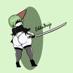 1:1 absurd_res anthro butt clothed clothing eddiebrije female generation_3_pokemon hair hi_res humanoid nier_automata nintendo not_furry platinumgames pokemon pokemon_(species) ralts simple_background solo wide_hips yorha_2b