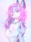 anthro blue_clothing blue_shirt blue_topwear breasts cleavage clothed clothing dipstick_ears ear_markings felid female fur grey_body grey_fur grey_inner_ear hair hi_res long_hair looking_at_viewer mammal markings medium_breasts multicolored_ears pantherine pink_hair rakimou red_eyes shirt signature simple_background sinclair_delcatte smile snow_leopard solo spaghetti_strap spots spotted_body spotted_fur teeth topwear white_body white_fur