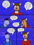 3:4 anthro backwards_baseball_cap backwards_hat baseball_cap black_nose blue_eyes blush brown_body brown_eyes brown_fur brown_hair canid canine canis clothing comic coyote detailed_background dialogue duo embarrassed english_text fangs fish flirting fur fuze grey_body grey_skin hair hat headgear headwear hi_res ian_dela_cruz jacket male mammal marine mond_reyes night open_mouth shark shirt sky speech_bubble standing star teeth texnatsu text tongue topwear