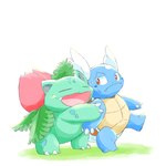 1:1 ambiguous_gender belly blue_body blush blush_lines claws duo elemental_creature fangs feral flora_fauna generation_1_pokemon green_body hi_res hug ivysaur kinakomocheeni leaf nintendo plant pokemon pokemon_(species) shell simple_background teeth wartortle white_background