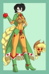 2012 2:3 apple applejack_(mlp) big_breasts black_hair boots breasts clothing cosplay cowboy_boots cowboy_hat digital_media_(artwork) dress earth_pony equid equine female food footwear friendship_is_magic fruit gloves green_eyes hair handwear hasbro hat headgear headwear hi_res horse human kloudmutt looking_at_viewer mammal my_little_pony navel not_furry plant pony shoes solo