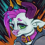 1:1 abstract_background anthro bovid bovine cattle clothed clothing collar decoration digital_media_(artwork) ear_piercing green_eyes hair horn icon looking_at_viewer low_res male mammal piercing purple_hair ring_piercing solo tass_(character) tass_the_bovine thumbnail