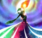 absurd_res ambiguous_gender clothing cosmic_background cosmic_body cosmic_hair dress ethereal_hair gardevoir generation_3_pokemon glowing glowing_eyes hi_res looking_at_viewer nebula nintendo pokemon pokemon_(species) shooting_star sneakyandy solo star sun