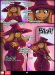 anthro big_breasts book breasts clothed clothing comic english_text female fur hat headgear headwear hi_res lagomorph leporid magic magic_staff mammal neo_geppetto nipple_outline purple_clothing rabbit reading red_body red_fur renae_(neo_geppetto) solo text wizard_hat