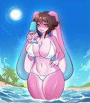 absurd_res anthro beach big_breasts bikini breasts clothing detailed_background erect_nipples_under_clothes female floppy_ears food gypnojin hand_on_hip hi_res huge_breasts ice_cream_on_breasts lop_ears melting_ice_cream nipple_piercing nipples outside piercing popsicle public remmy_(remybunny) solo swimwear tongue tongue_out trans_(lore) trans_woman_(lore) two-piece_swimsuit water