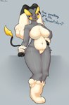 absurd_res anthro big_breasts blush breasts dialogue featureless_breasts female fusion generation_1_pokemon generation_4_pokemon genitals hi_res kuro_draw leaking_pussy looking_at_viewer lopunny nintendo pokemon pokemon_(species) pussy raichu raipunny slightly_chubby solo spanish_text text val_lovelight