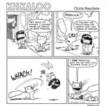 1:1 ambiguous_gender anthro bangs child chris_sanders comic detailed_background dialogue domestic_cat duo english_text eye_patch eyewear felid feline felis frown hitting human humor kiskaloo mammal monochrome ogo_(kiskaloo) outside paddle paper reading sesi_(kiskaloo) smile text toony url whiskers young